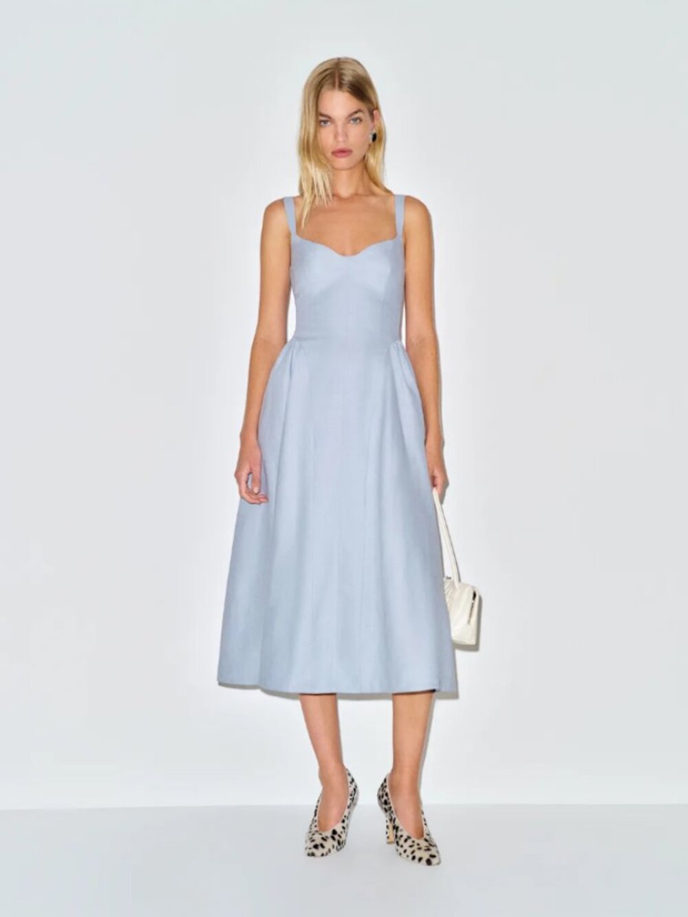 Reformation Birdie Blue Linen Sweetheart Neckline Dress Midi Fit&Flare Sundress